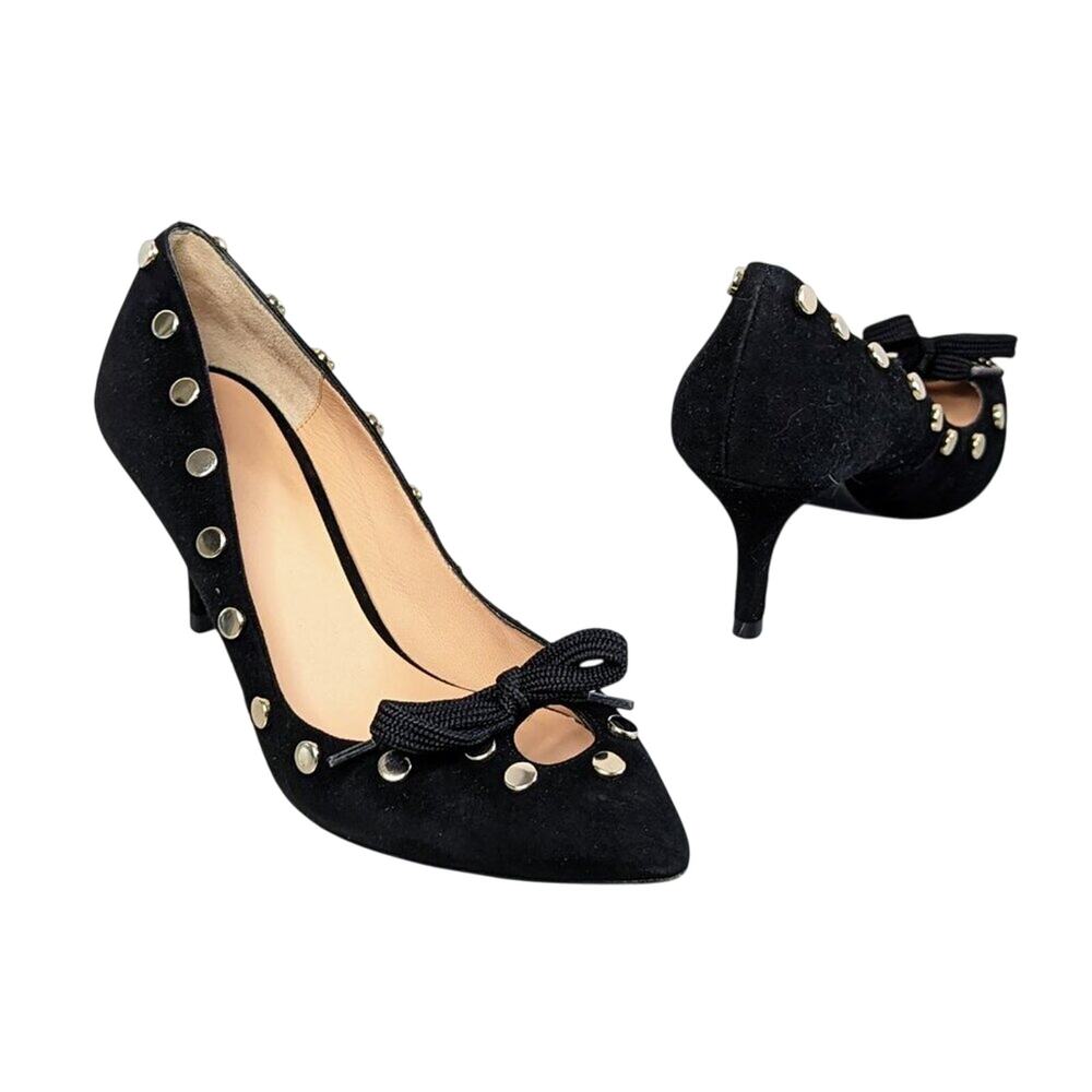 Anthropologie Hoss Intropia Black Pointed Toe Heels Gold Studs Cut Out Bows 37
